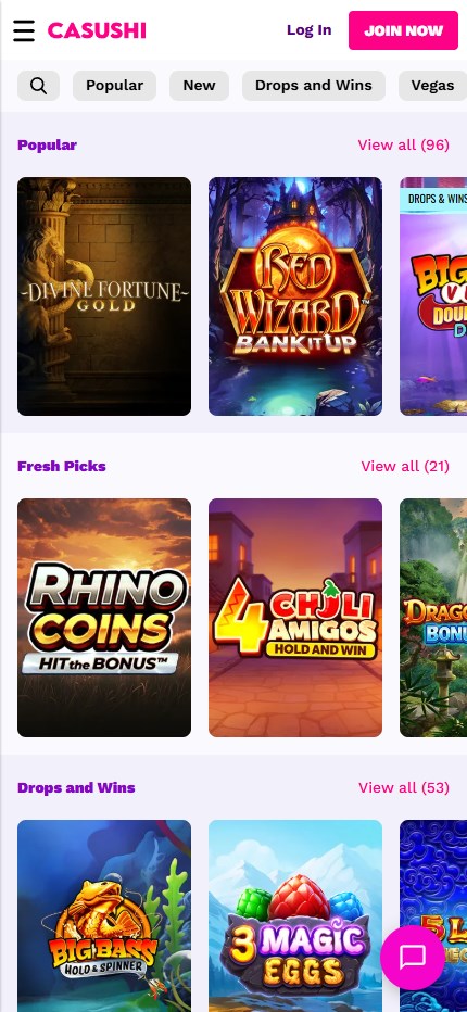 Casushi Casino mobile lobby