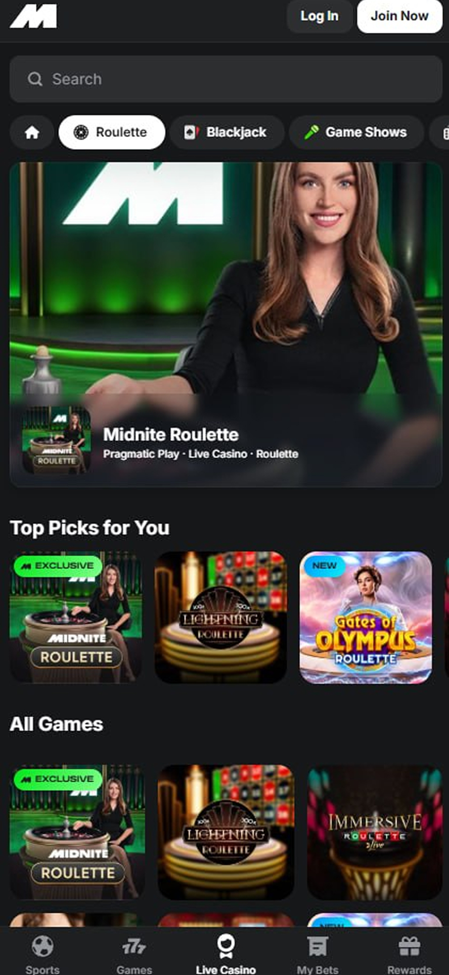 Midnite Casino mobile lobby